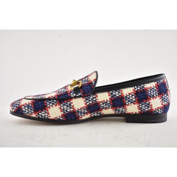 Gucci New Jordaan Blue Red White Black Tweed Check Loafer Mule Slipper Flat 38.5 - Picture 10 of 14